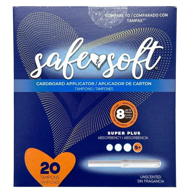 Box of SaferSoft Super Plus cardboard applicator tampons.
